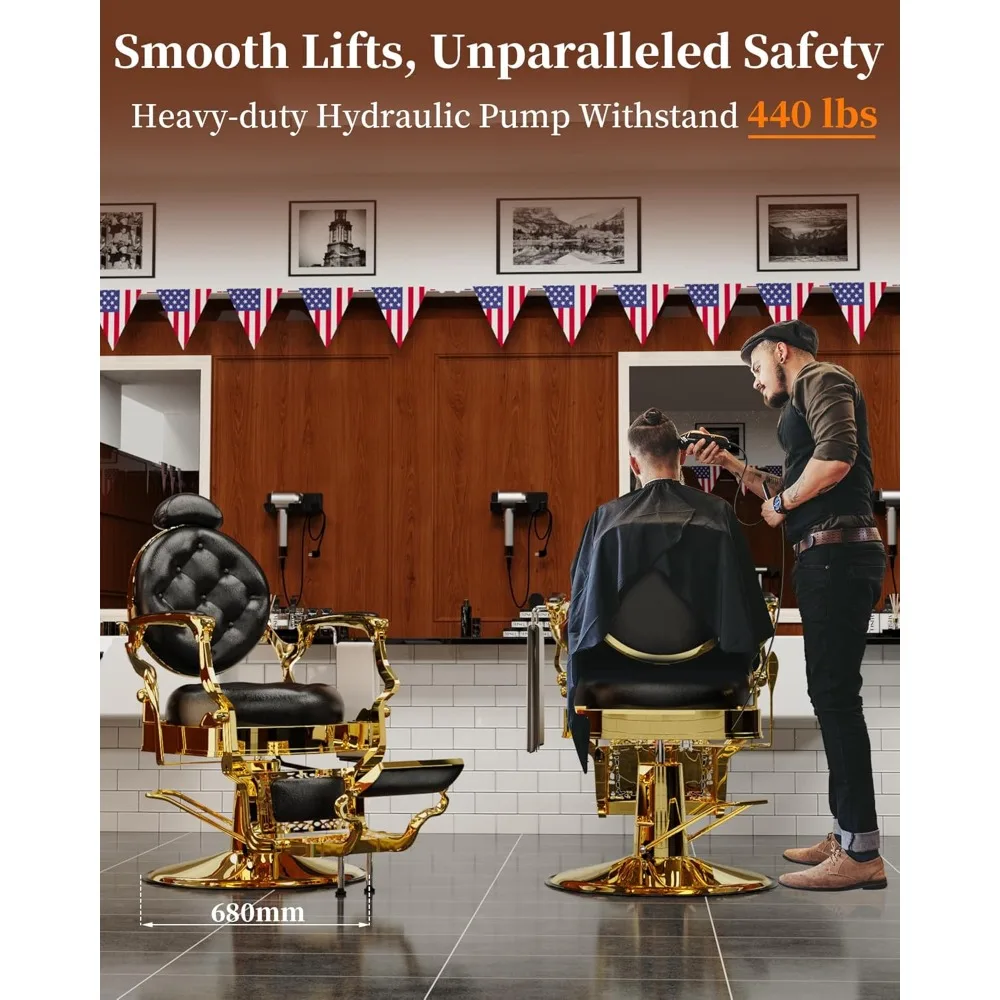 كرسي حلاق مستلق عتيق مع مسند رأس قابل للتعديل، إطار معدني شديد التحمل ودعم الوسادة، كرسي صالون ذهبي