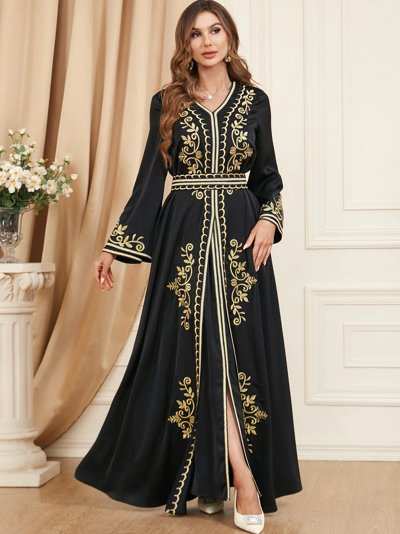 Autumn Muslim Abaya for Women Maxi Dress A-line Dresses Lace-up Morocco Kaftan Dubai Robe Party Dress 2 Piece Set Saudi Arab