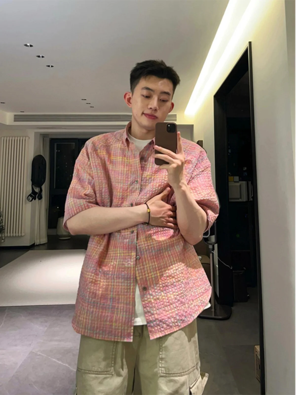 

Pink ort Sve Men's irt Summer Bubble Plaid Sun Protection Thin Outerwear Clean Sle Youth Trend Loose Fit Casual irt