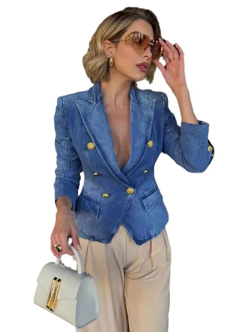 슬림핏 더블 브레스티드 롱 슬리브 수트 재킷 여성 캐주얼 슬림핏 아우터 코트 캐주얼 여성 수트