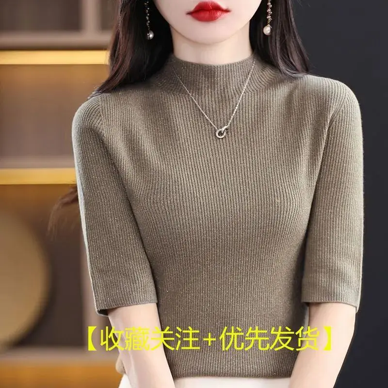 2024Autumn Winter New Fashion Elegant Half High Neck Mid Sleeved Sweater Pullover Solid Color Versatile Women's Clothing Jumpers