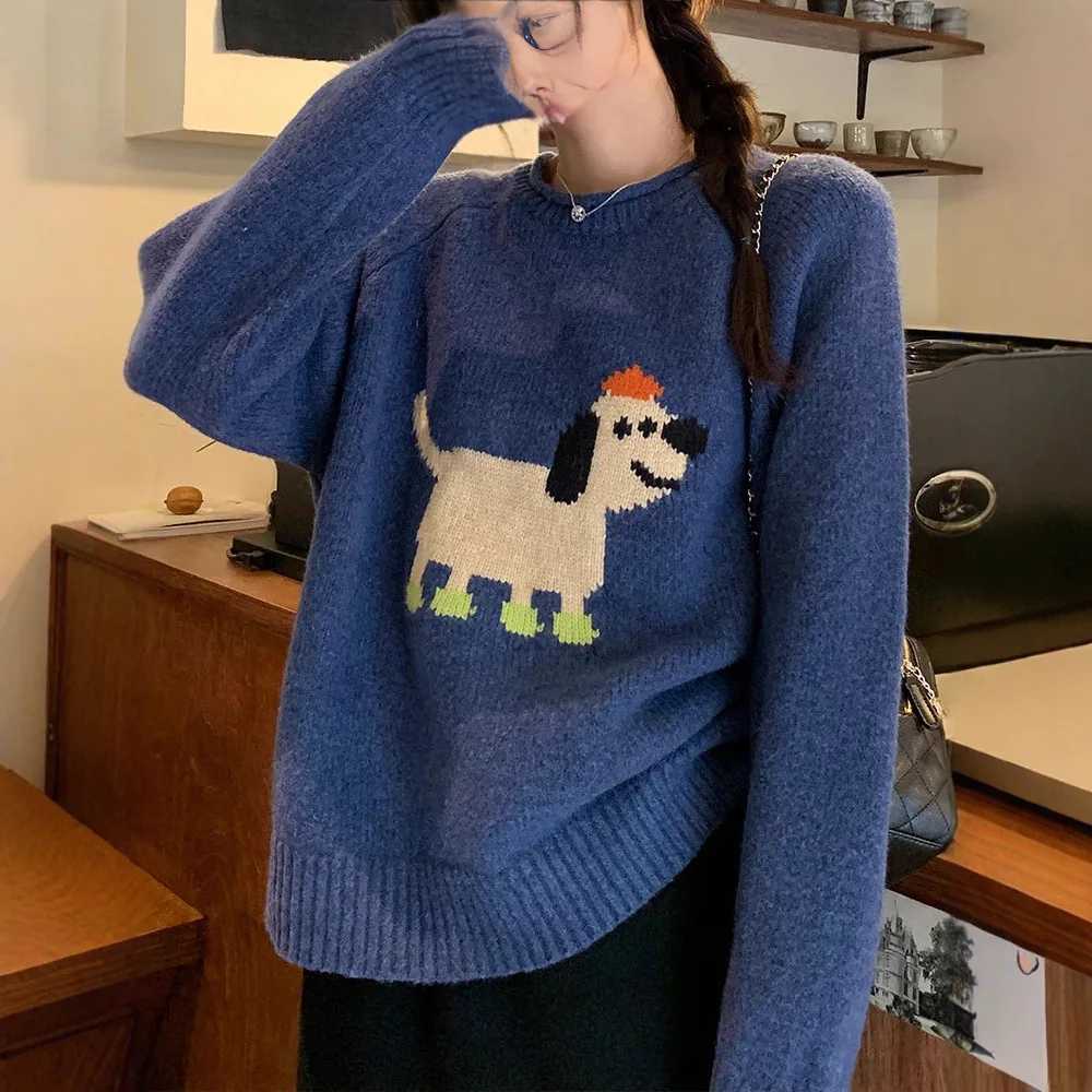 2025 nuevo suéter de mezcla Jacquard bordado de cachorro para mujer otoño lindo Casual prendas de punto de cuello redondo