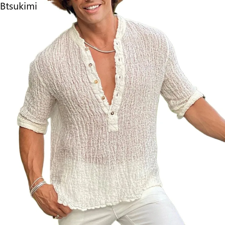 2026 New Men's Solid Color Half Sleeve T-shirts Summer Trend Street Style Loose Casual V-neck Pullover Tops Vintage Tees for Men