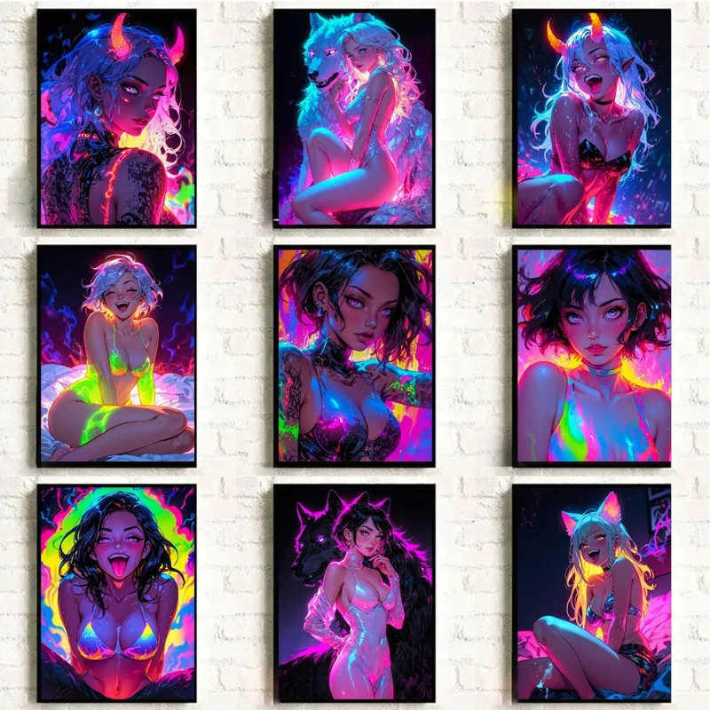 

Cute Sexy Sweet Anime Girl Posters Colorful Neon Lights Canvas Painting Printing Wall Art Pictures Living Room Home Decor Cuadro
