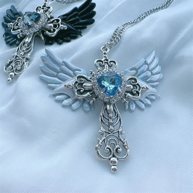 Gothic Sexy Accessory Wings Cross Pendant Necklace Y2K Jewelry Heart Crystal Choker Punk Charm Necklace for Women Korean Fashion