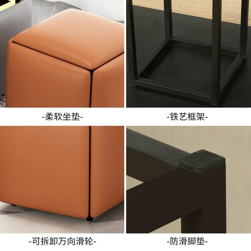 Multifunctional Cube Stool Combined Tea Table Creative Storage Stool Foldable Dining Table and Chair Faux Leather Light Luxury