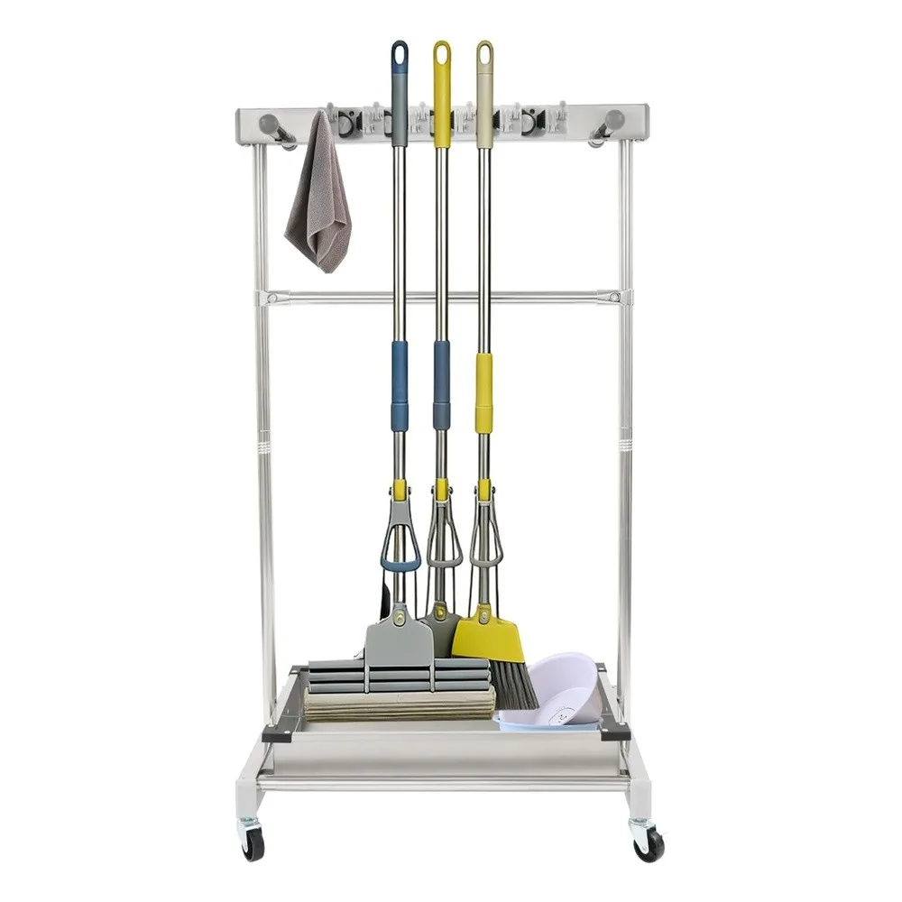 Broom and Mop Holder on Wheels Load 440 LBS Movable Cleaning Cart Broom Storage Rack with Stainless Steel Basin 5 Mop
