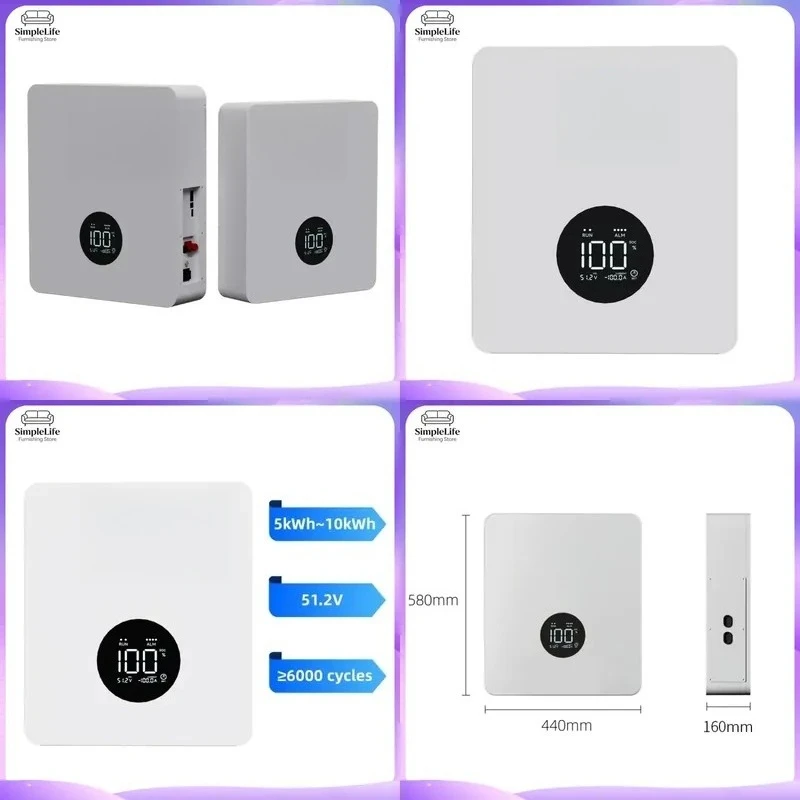 51.2V 5.12kWh 10.24kWh LiFePO4 Battery 100A BMS Wall Mounted Home Energy Storage System Solar Power Bank for PV Panel Kit