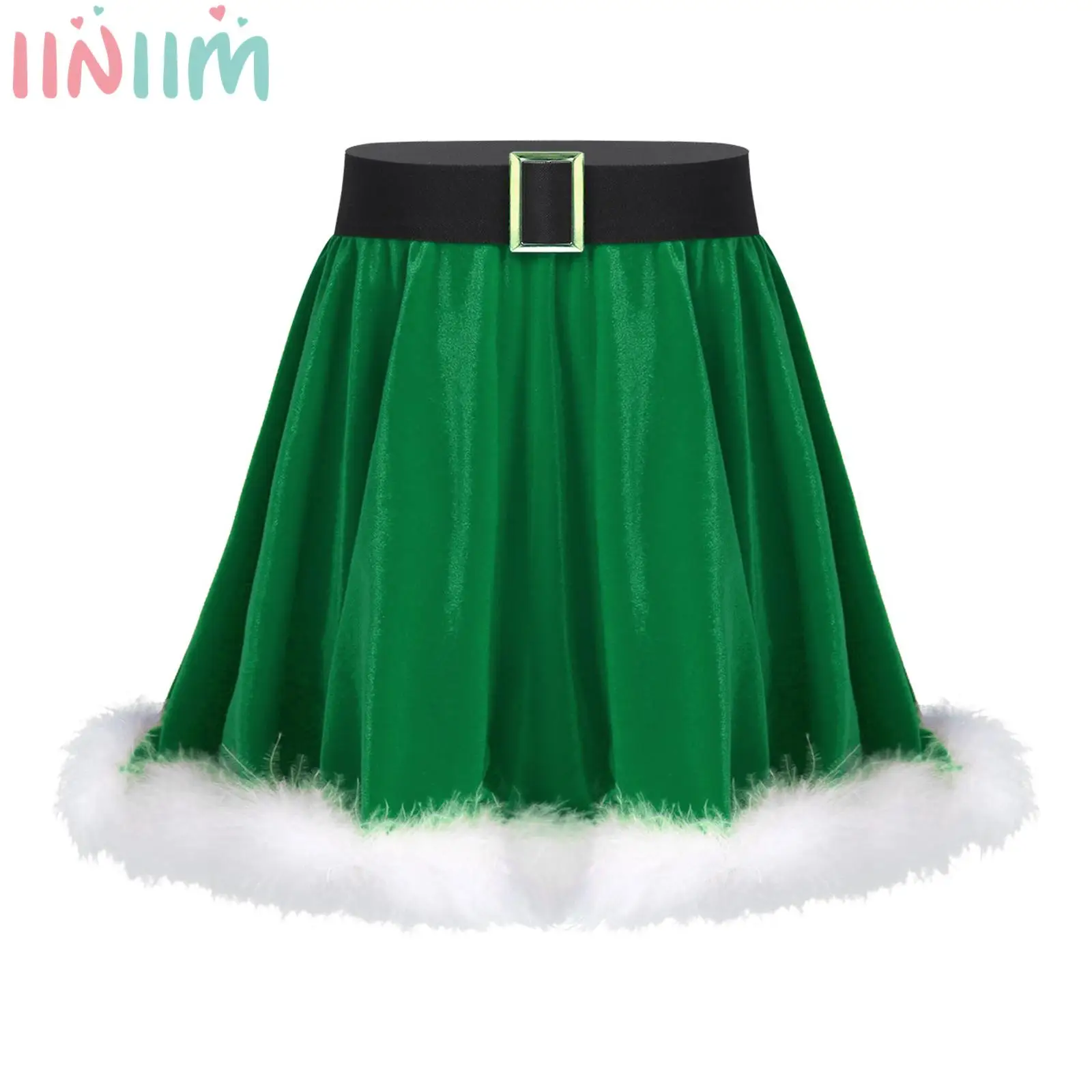 Kids Girls Christmas Classic Costume Black Metal Button Belt White Feather Trim Edge Solid Color Short Pleated Skirt