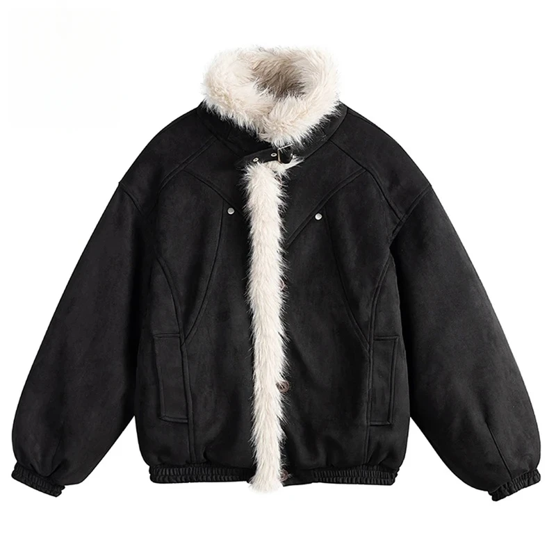 

Winter Fur Collar Jackets Men Vintage Suede Coat Thicken Warm Parkas Streetwear Harajuku Hip Hop Oversized Padded Jacket Outwear