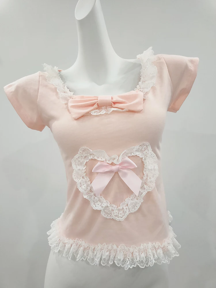 Cute T-Shirt Women Summer Lace Trim Love Shape Sweet Tops Tee for Kawaii Girls Bowknot TShirts