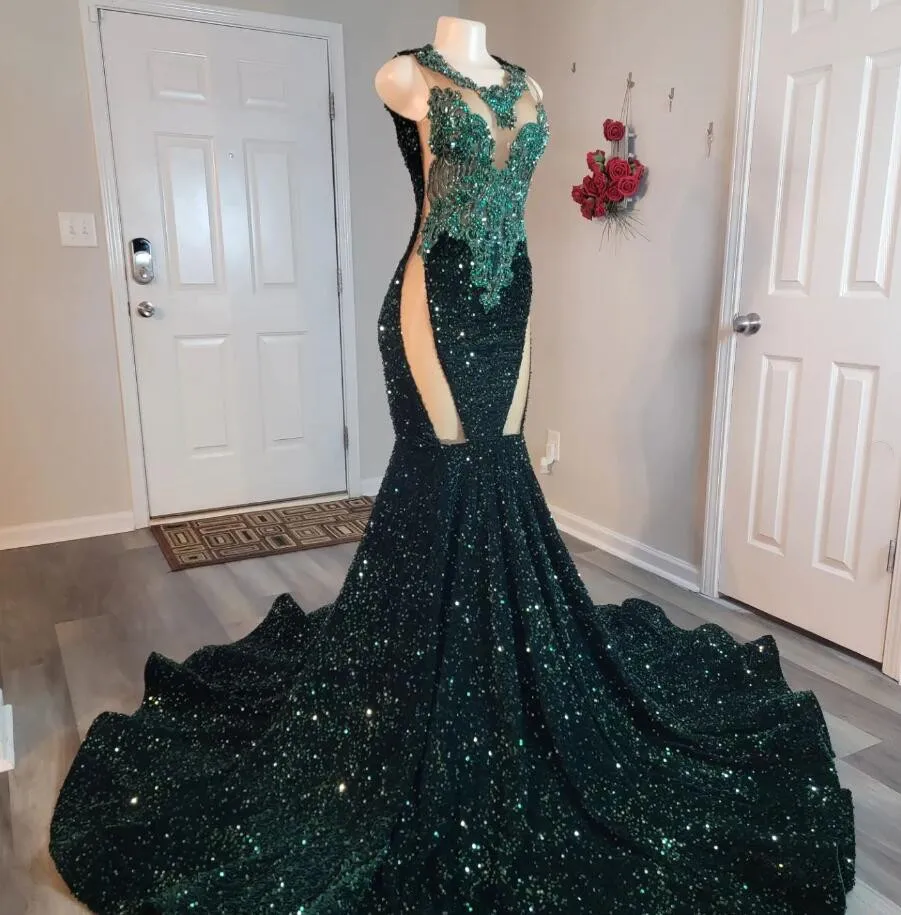 Emerald Green Sparkly Long Mermaid Prom Ceremony Formal Dresses For Black Girl 2024 Luxury Diamond Evening Birthday Gala Gown