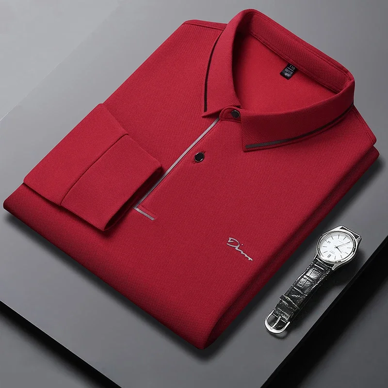 New Men's Business Casual Long Sleeved Shirt with Badge Solid Color Polo Shirt Fashionable Breathable Comfortable Versatile Top image 6