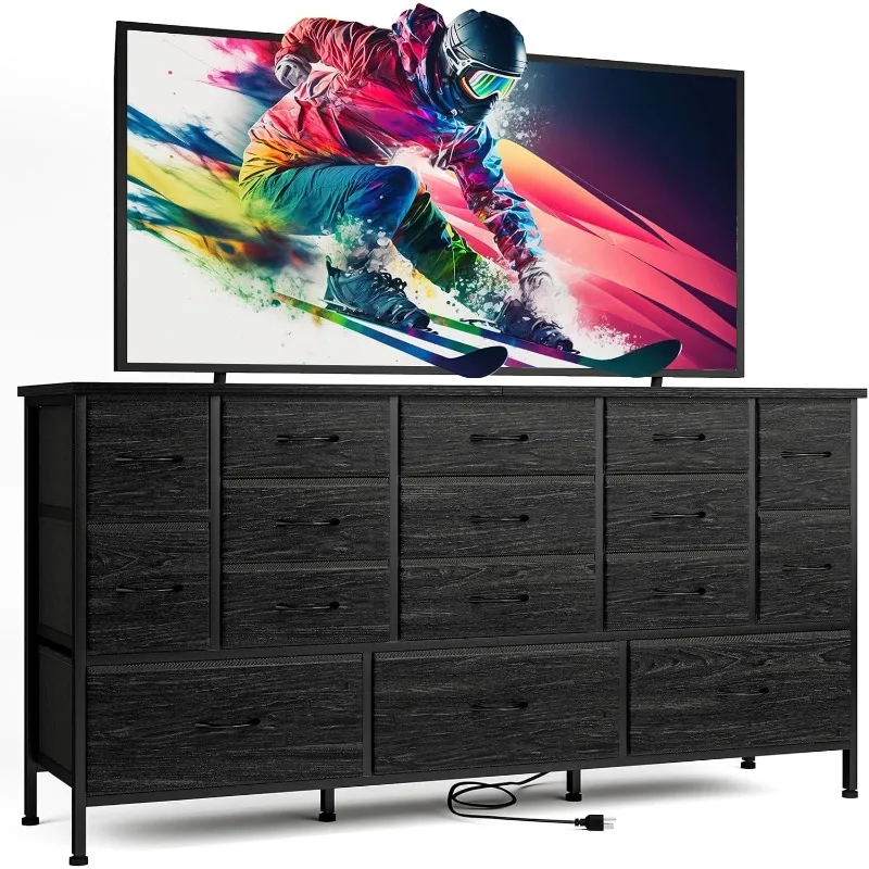 

63.3 Inch Large Black Dresser for Bedroom, 16 Drawer Dresser, Long TV Stand for 55, 65, 70 Inch with Power Outlets, Fabric