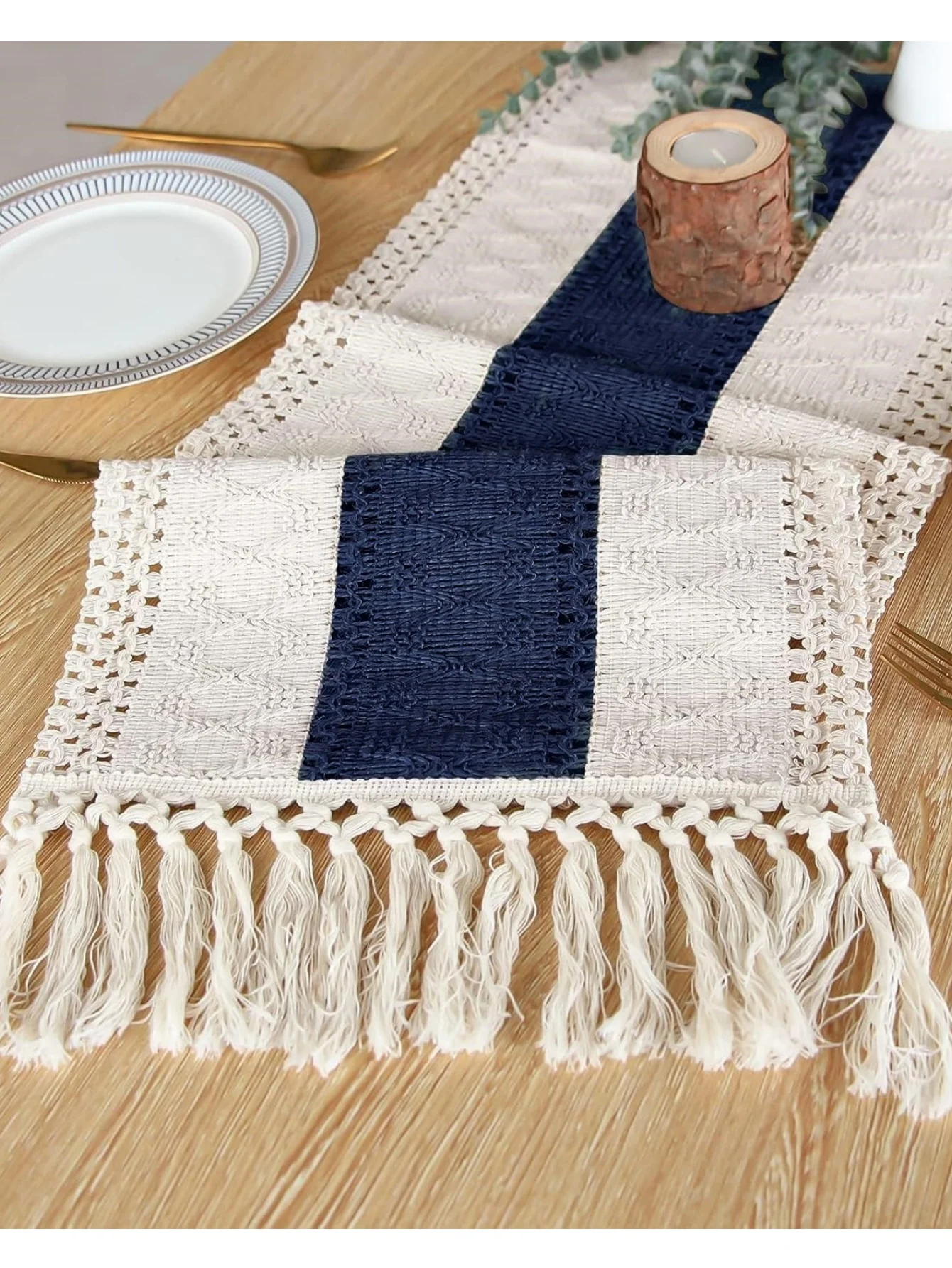 Blue Table Runner Handmade Hemstitch Boho Table Runner Or Dresser Scarf,Classic Table Runner with Tassels for Dining Table Decor