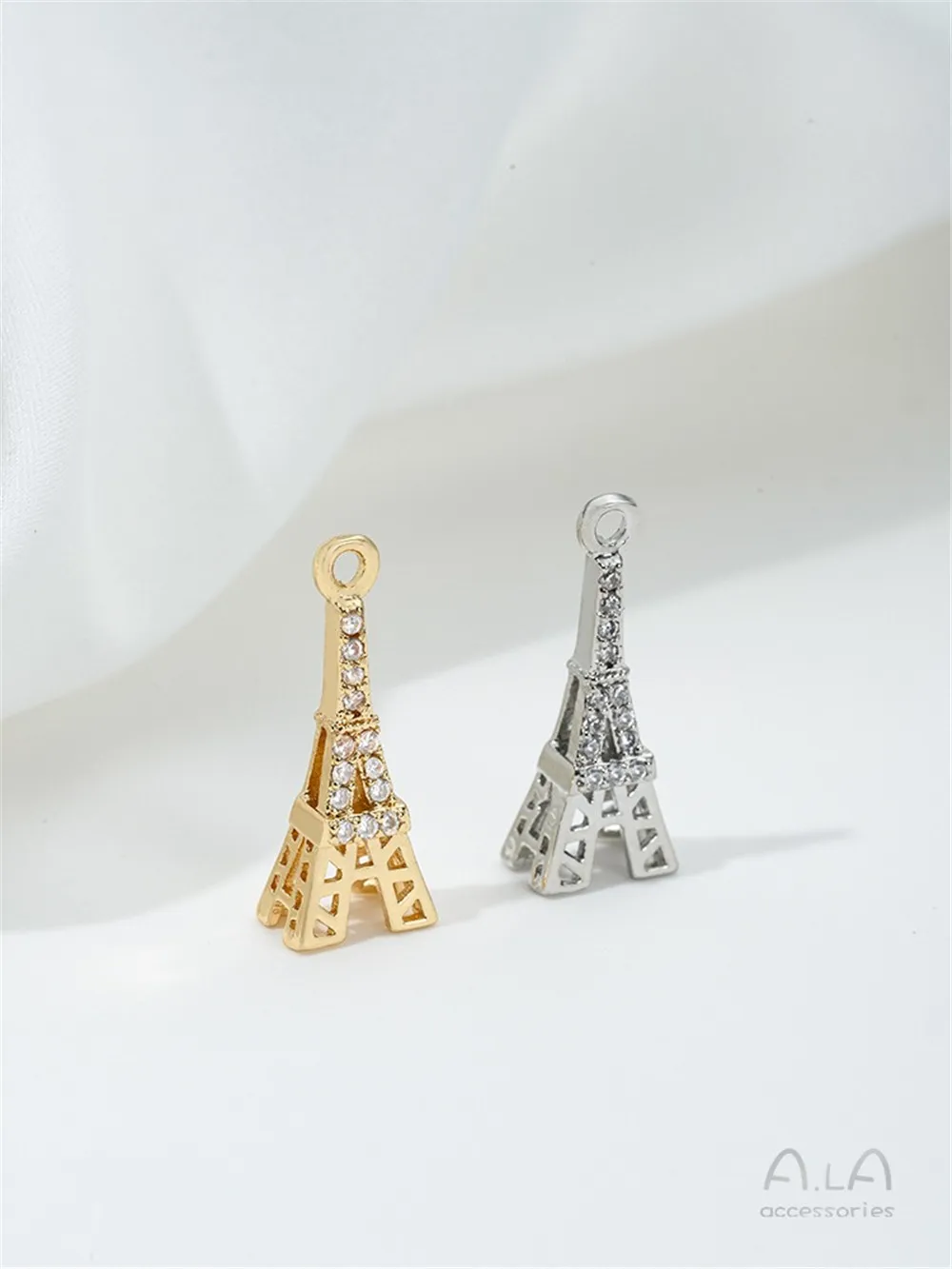 14K Gold-wrapped Micro-inlaid Zircon French Eiffel Tower Pendant DIY Bracelet Necklace Jewelry Three-dimensional Pendant