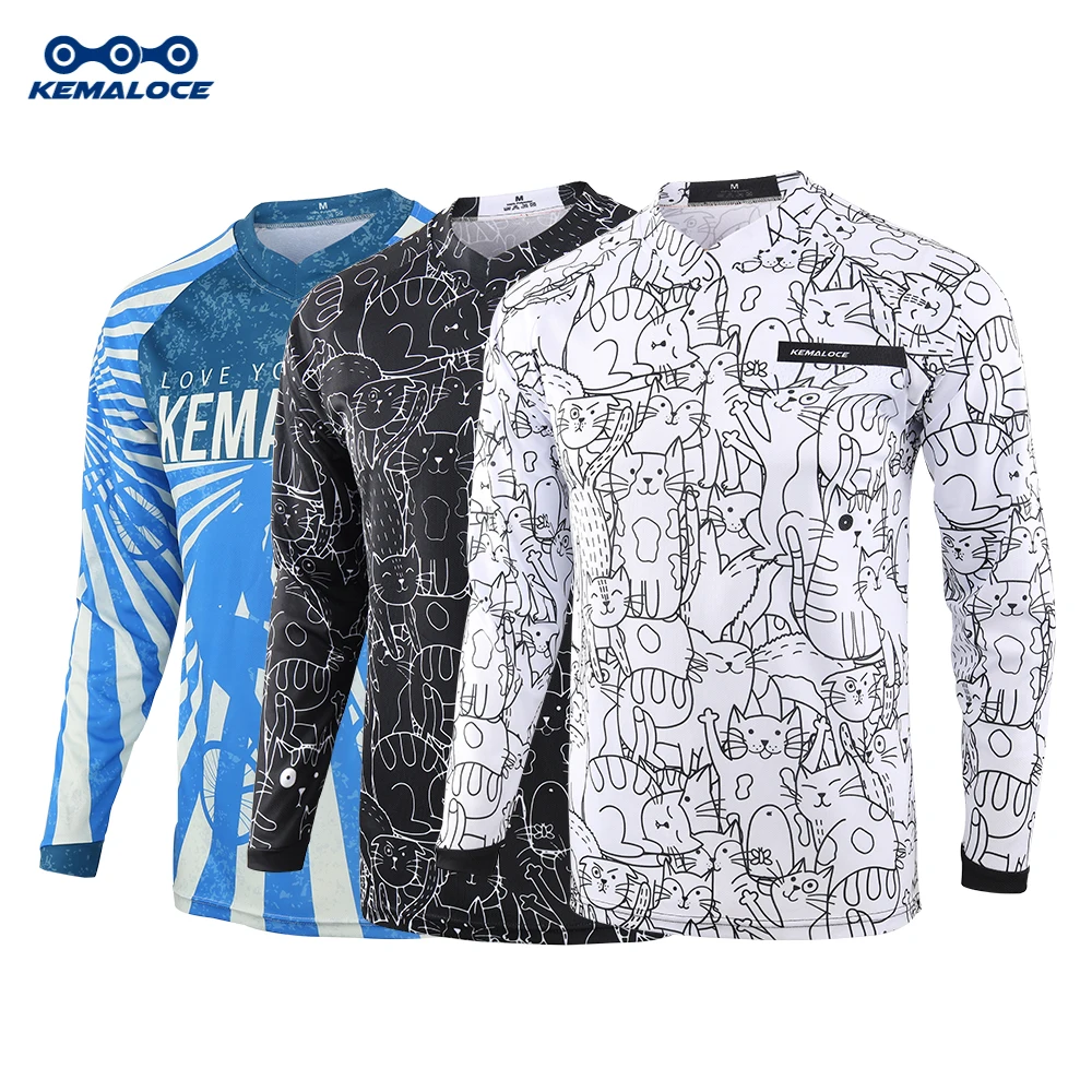 KEMALOCE Motocross Jersey Men Long Sleeves Summer Breathable Cartoon Motorcycle Jersey Loose Offroad BMX DH Downhill Clothing