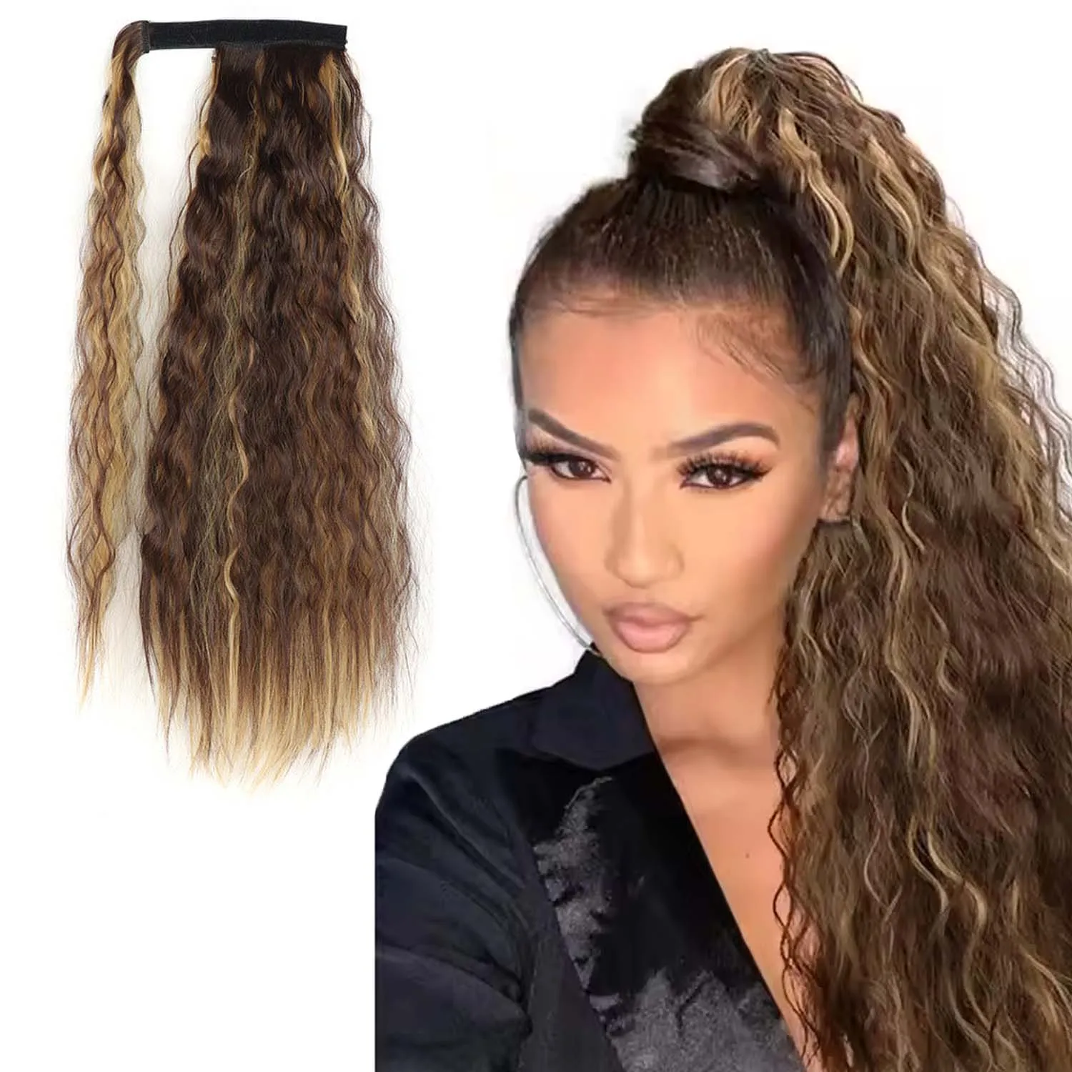 

Synthetic Long Wavy Curly Wrap Around Pony Tail 22 Inch Corn Wave Ponytail Extension Clip in Heat Resistant Hairpiece for Women