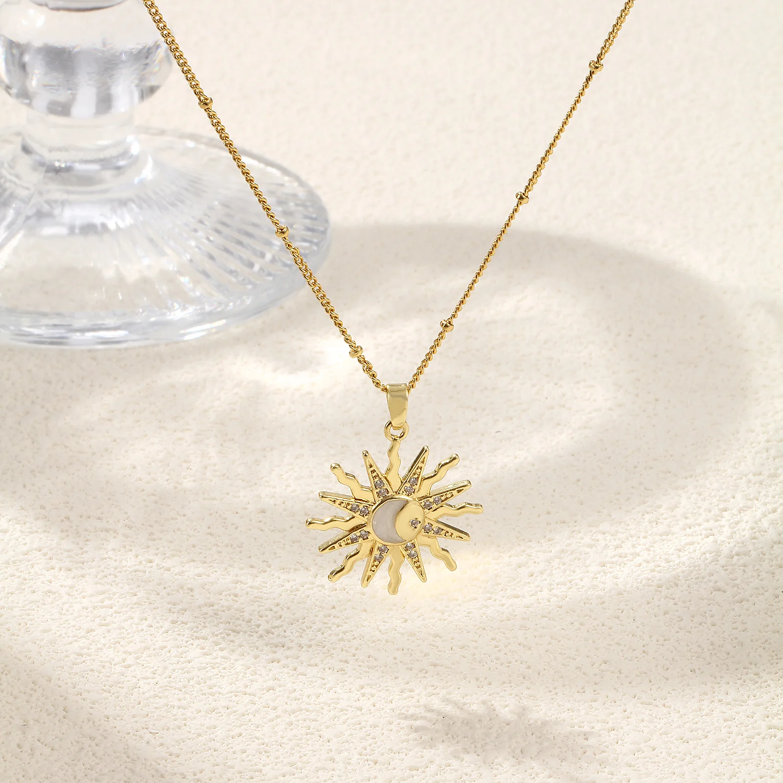 1 Piece Exquisite Galaxy 18K Gold Plated White Brass & Cubic Zirconia Curb Link Chain Sun Enamel Pendant Necklace For Women Gift