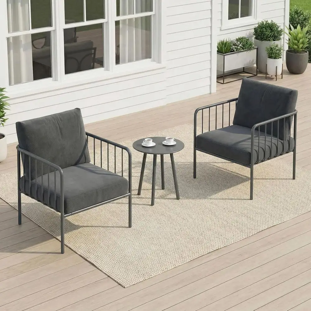

3-Piece Outdoor Patio Furniture Set with Coffee Table and Thick Cushions, Rust-Resistant Metal for Balcony or Garden (Dark Grey)