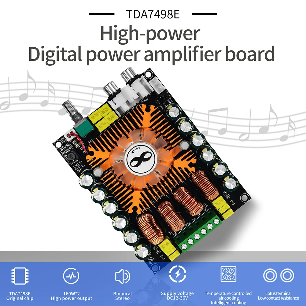 TDA7498E Dual Channel High Power Digital Power Amplifier Board  2.0 HIFI Stereo With Cooling Fan Gain Adjustable Amplifier Board