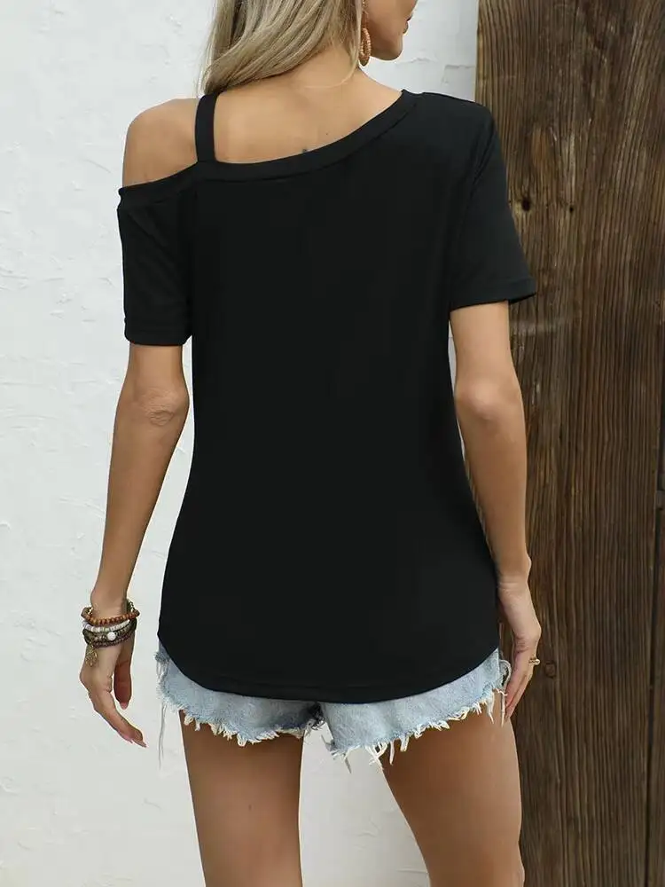 Women's T-Shirt Spring Summer Black One Shoulder Short Sleeve Twisted Hem Loose Sleek Stylish Daily Casual Fashion Top