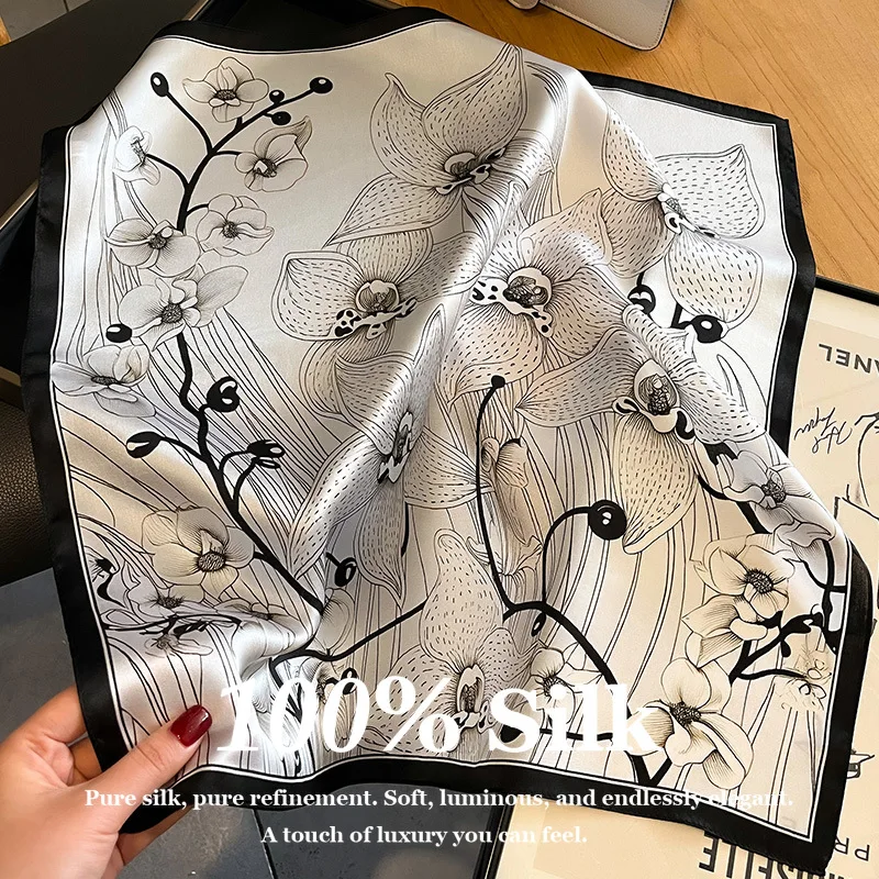 

High Quality 100% Pure Silk Scarf Women 53x53cm Square Floral Print Neck Scarf Hijab Bandana Foulard Shawl Wrap for Lady Luxury