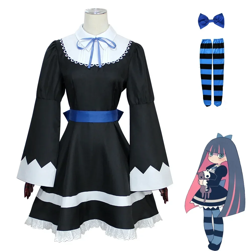 Anime Panty & Stocking with Garterbelt Younger Sister Anarchy Stocking Cosplay Costume Gothic Maid Lolita Dress Wig Long Socks