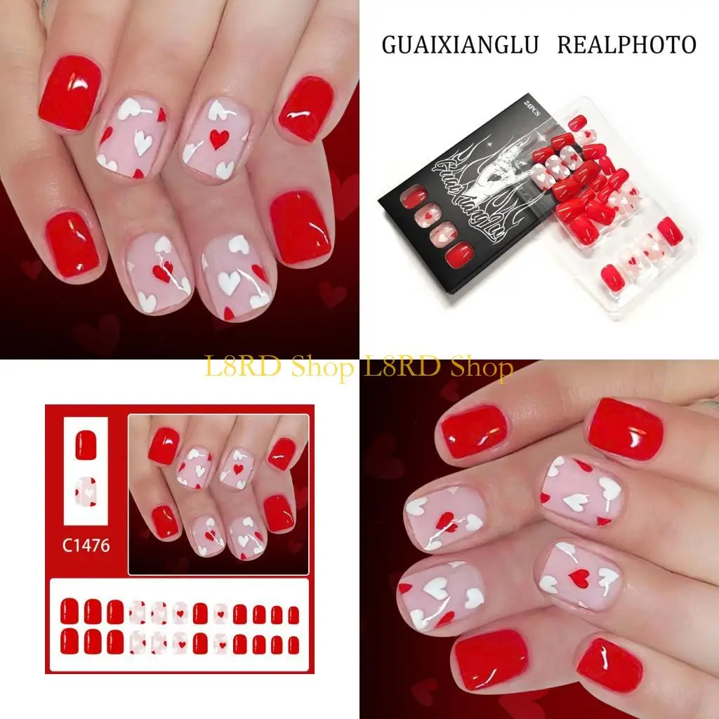 

L8RD Shining Red White Heart Artificial 24pcs Square Short For Parties Dates And Romantics