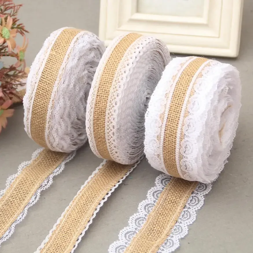 2 Meter Linen Vintage Burlap Lace Table Runner Handmade Jute Burlap Band for Country Party Wedding Christmas Decoration 4F