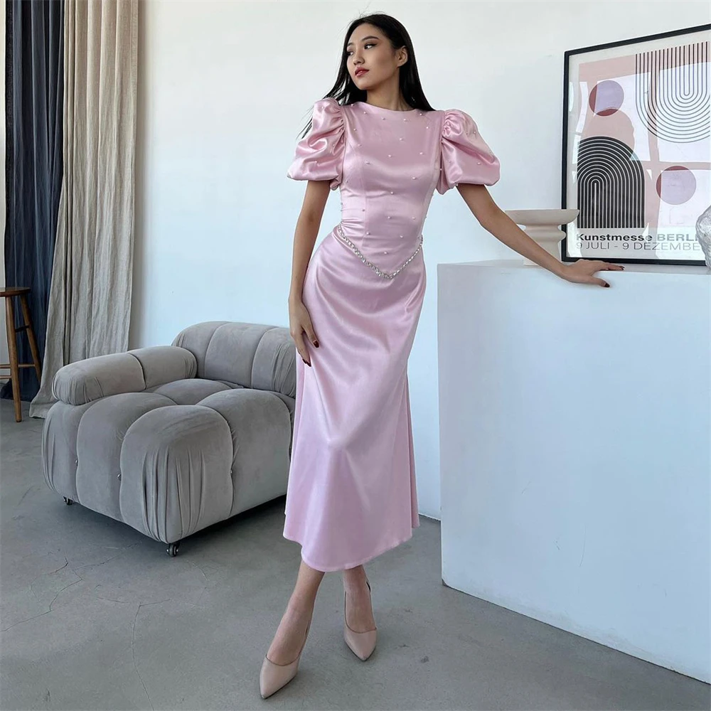 

Tarot Dubai Pink Beaded Prom Dresses Satin Short Puff Sleeves O-Neck Crystal Birthday Party Dress Tea Length فساتين حفلة موسيقية