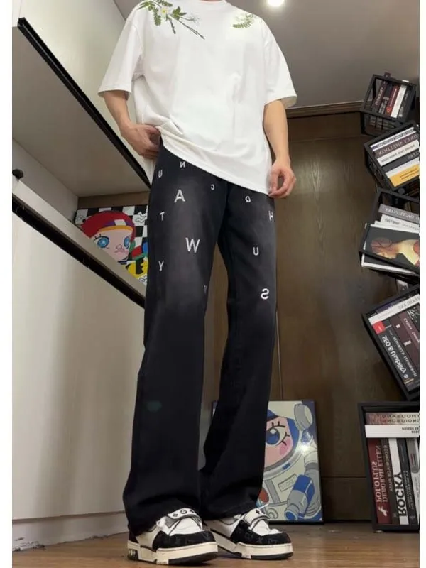 

Retro Embroidered Lettering Men's Jeans Loose Straight Leg Bell Bottoms American Style Casual Straight Leg Trousers