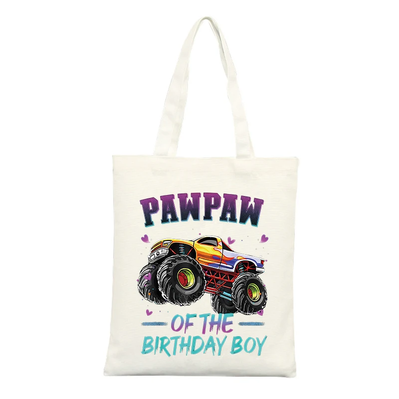 Pawpaw's Canvas Tote Bag with Monster Truck and Letter Print, Ideal for Birthday Celebrations and Casual Outings