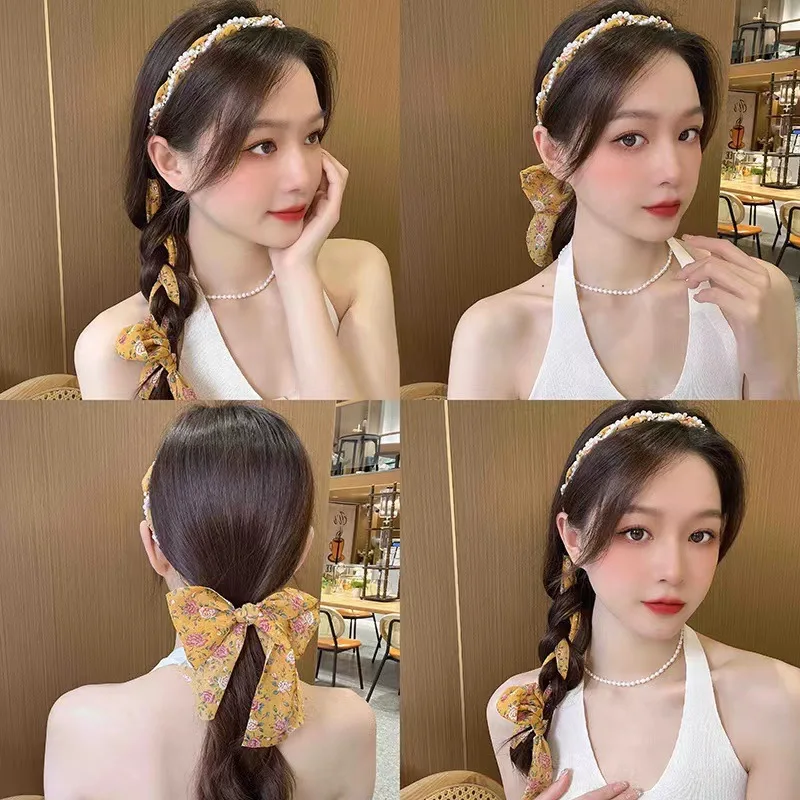 Bando ikat kepala dengan pita mengalir, aksesori rambut semua dalam satu untuk pakaian sehari-hari wanita pita rambut kepang ornamen