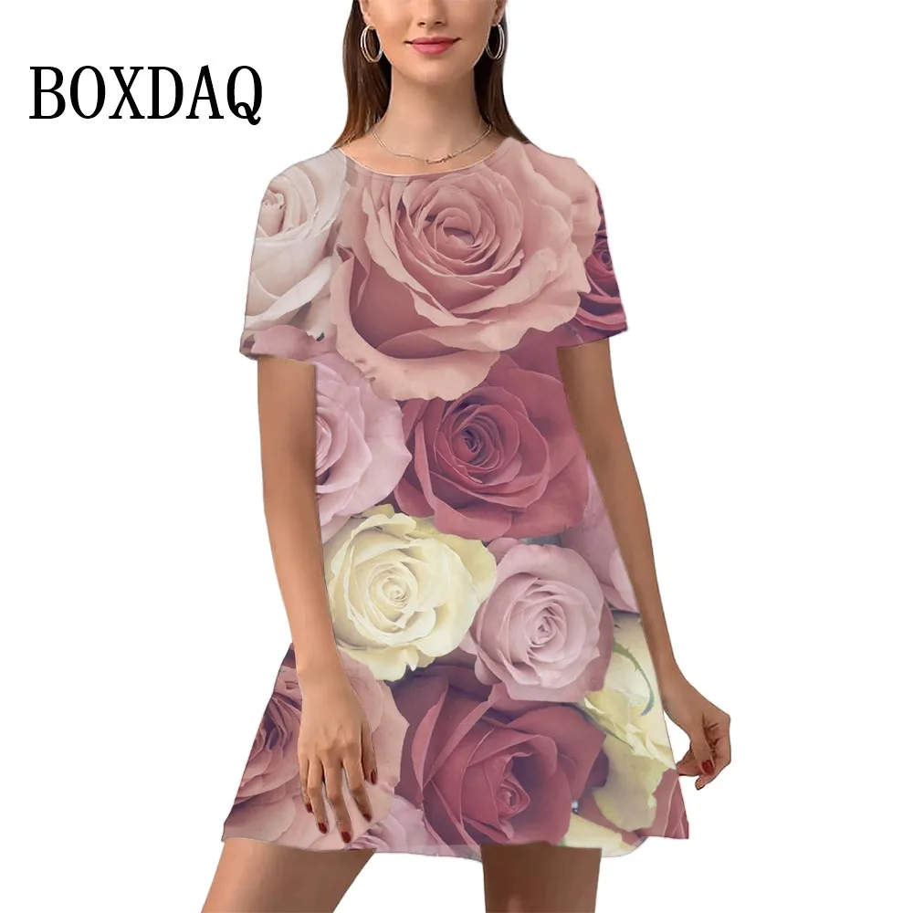 

Summer O-Neck Pullover Ladies Dresses Retro Rose Flower Print Loose A-Line Dress Women Casual Short Sleeve Plus Size Mini Dress