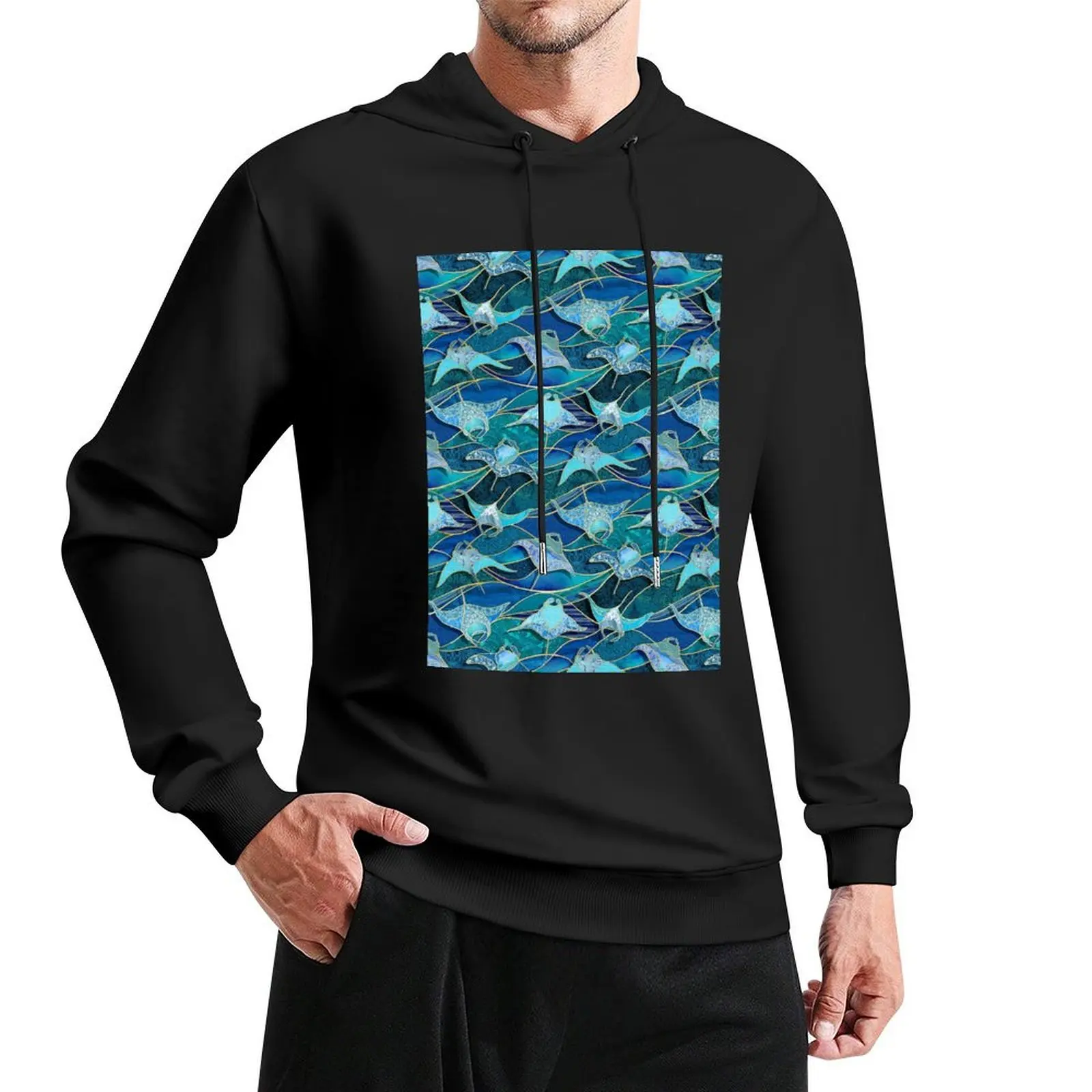 Patchwork Manta Rays in Sapphire and Turquoise Blue Pullover Hoodie anime clothing hoodie for men