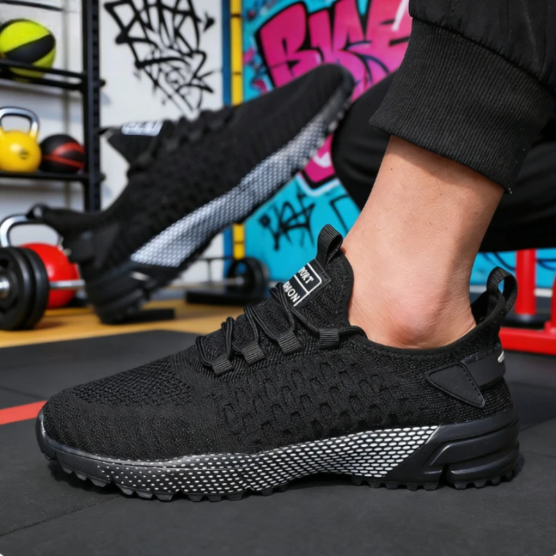 Trendige gelbe Strick-Sneaker für Herren, 2025, atmungsaktives Mesh, bequem, lässige Sportschuhe, rutschfeste Sohle, leichte Lauftrainer – Detail 3