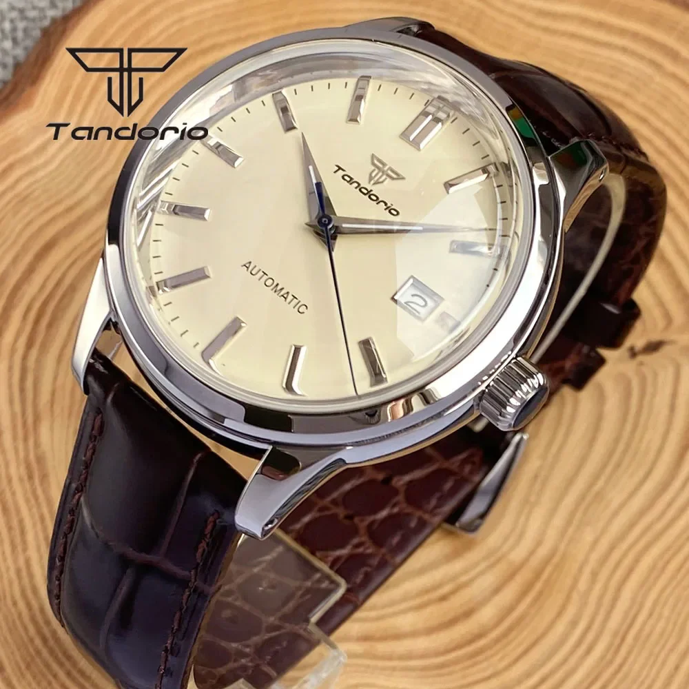Tandorio Double Domed Sapphire NH35A Mechanical 40mm Polished Automatic Watch for Men Luminous 20BAR Date Wristwatch Leather