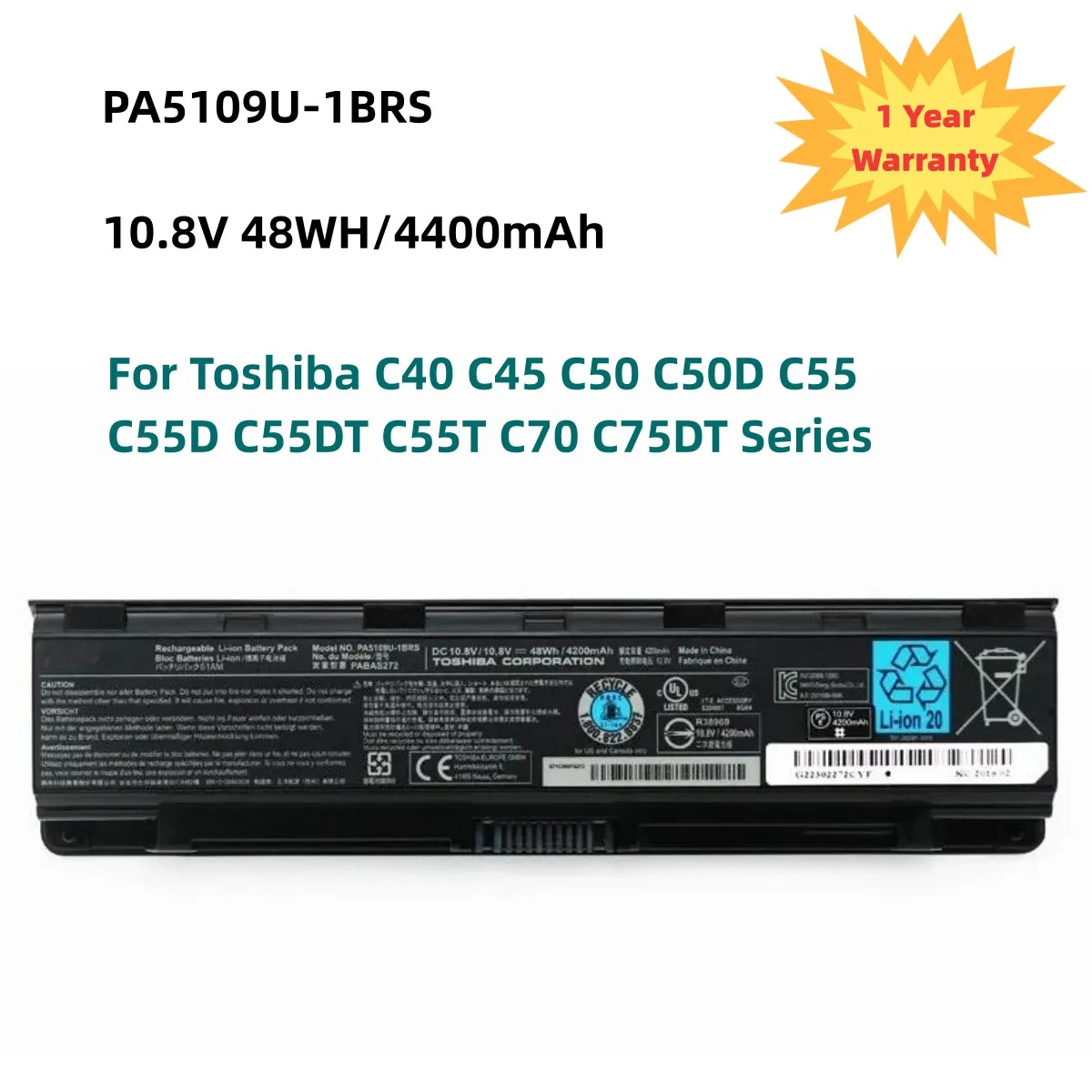 

Аккумулятор PA5109U PA5109U-1BRS PA5110U для Toshiba C40 C45 C50 C50D C55 C55D C55DT C55T C70 C75DT Series PABAS272 10,8 В 48 Втч