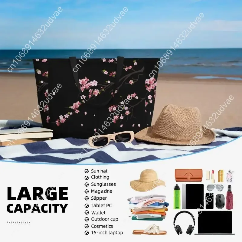 Japanese Sakura Cherry Blossoms Large Beach Tote Bag for Women Waterproof Sandproof Zipper Beach Tote Bags for Pool Gym Travel