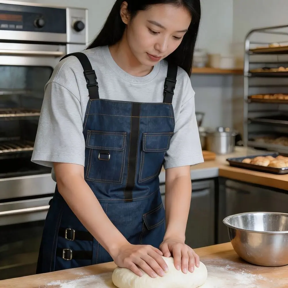 Adjustable Waterproof Bib Apron Canvas Denim Fabric Split Hem Work Uniform For Restaurant Kitchen Cooking Cafe Service