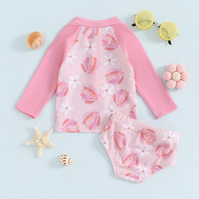 Toddler Bady Girl 2 Piece Rash Guard Swimsuit Long Sleevel Flamingo Bathing Suit Sun Protection Summer Swimwear Set