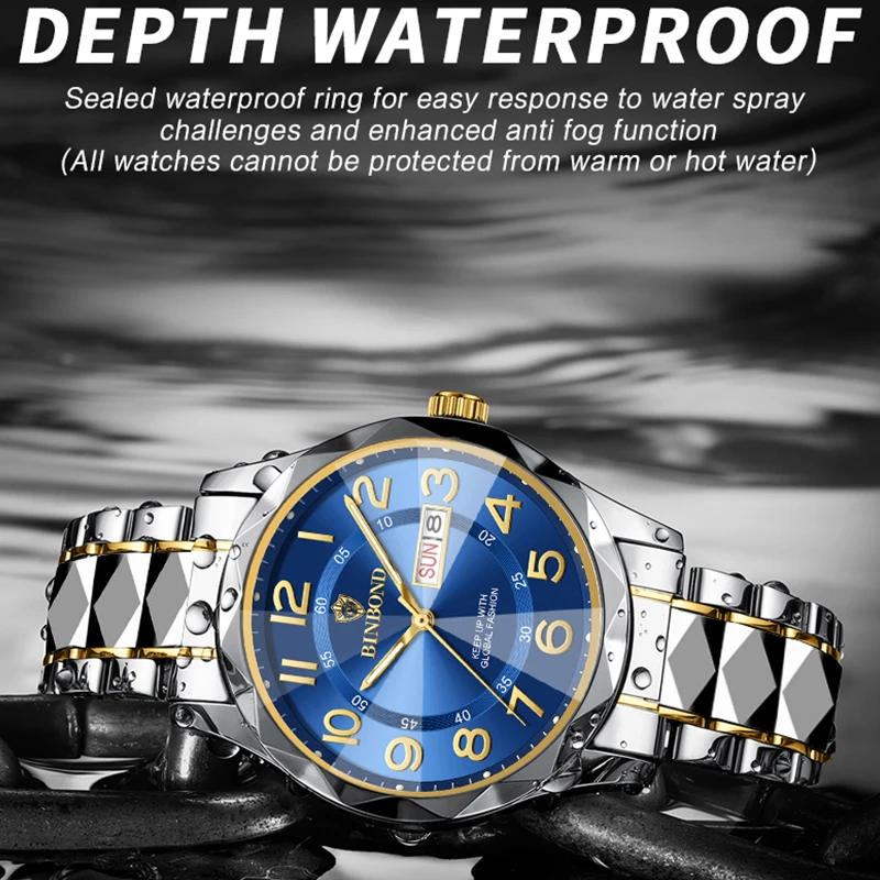 BINBOND Luxury Business Men's Quartz Watches Dual Calendar Waterproof Fashion Leisure Luminous Watch Stainless Steel Men Watches