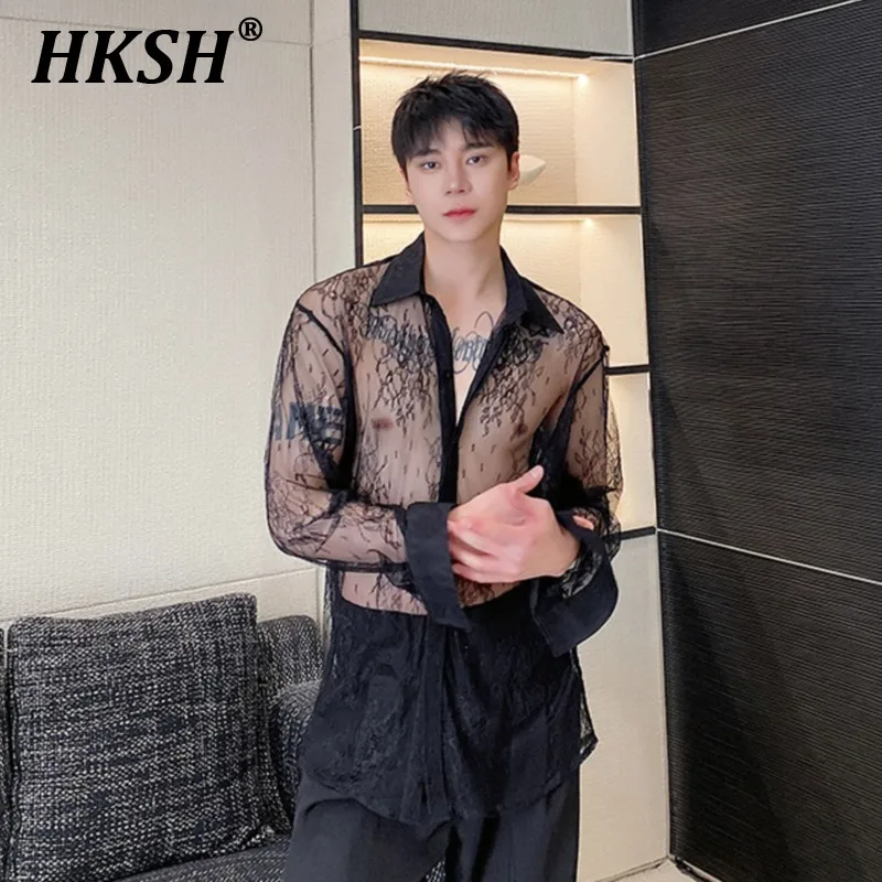 

HKSH Spring Summer New Trendy Chic Lace Mesh Jacquard Shirt Perspective Long Sleeve Men's Tide Dark Shirts Women Punk Top HK1848