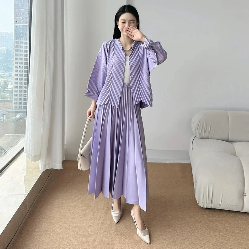

Purple Miyake Pleated Blouse & Midi Skirt Set, Lightweight Wrinkle-Resistant Women's Casual Daily Vacation Brunch Office Co-ords