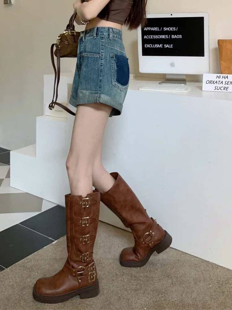 SMTHMA rétro roulé a-ligne Denim Shorts pour femmes 2025 nouvel été taille haute ample minceur jambe large pantalons chauds