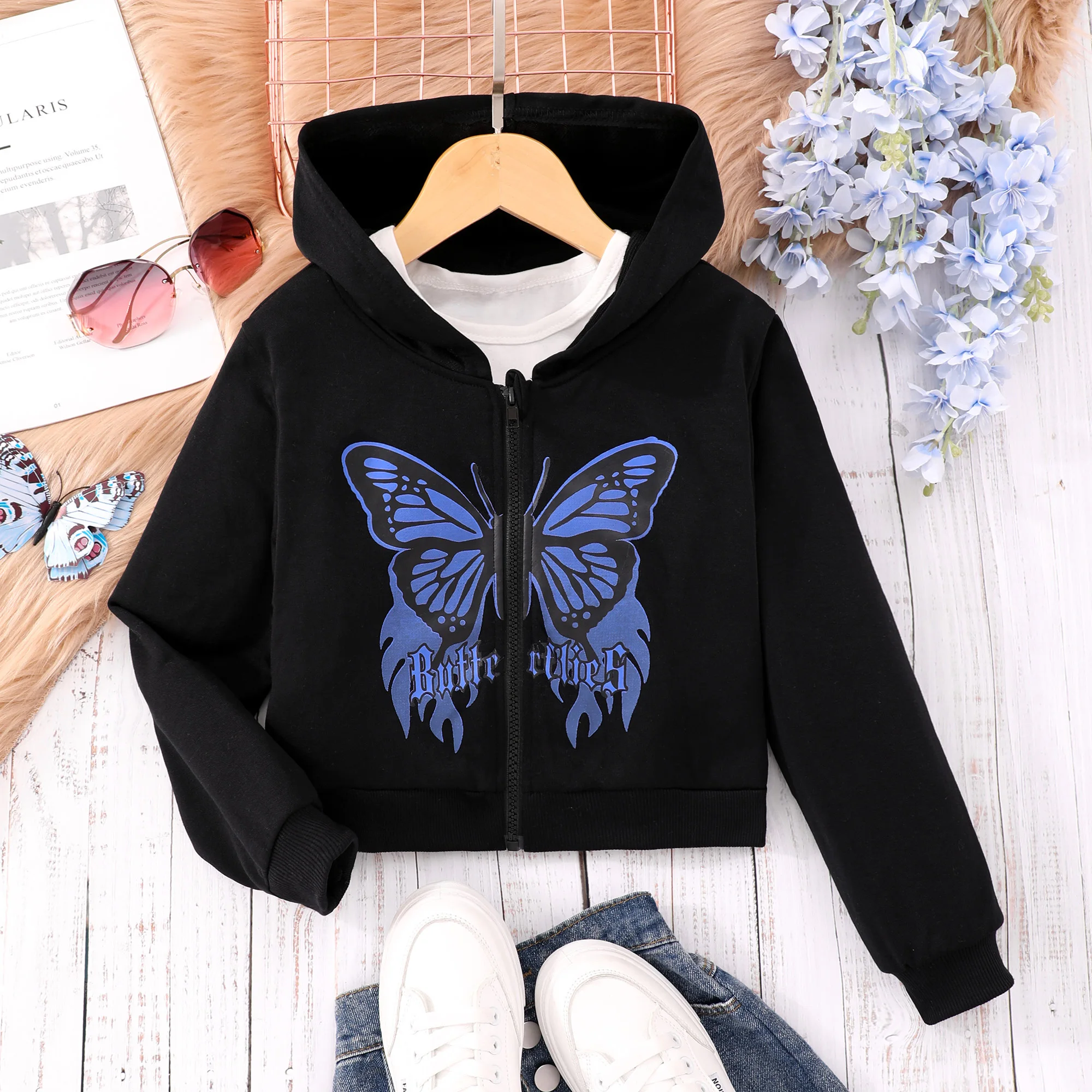 

2023 Autumn New Girls Coat Children Wear Long Sleeve Butterfly Print Coat Fashion Warm Children's Wear 8 9 10 11 12 Years