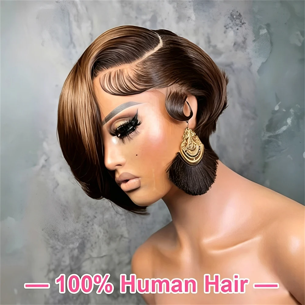 Highlight 4/27 Pixie Cut Human Hair Wigs Straight Transparent Lace Front Human Hair Wigs Short Bob Hair Wig Ombre Highlight Virgin 100% Human Hair 4/27 Color Preplucked Pre Cut 13x4 Lace Frontal Hair Wig For Woman