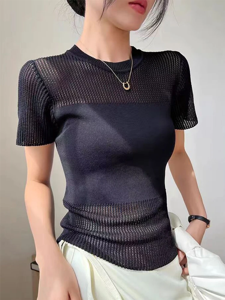 

Basic Black T-shirt Woman Short Sleeve Hollow Out Round Black Sexy Tshirt Slim Fit Knit Tops Womens Summer Clothes Tee Shirt Top