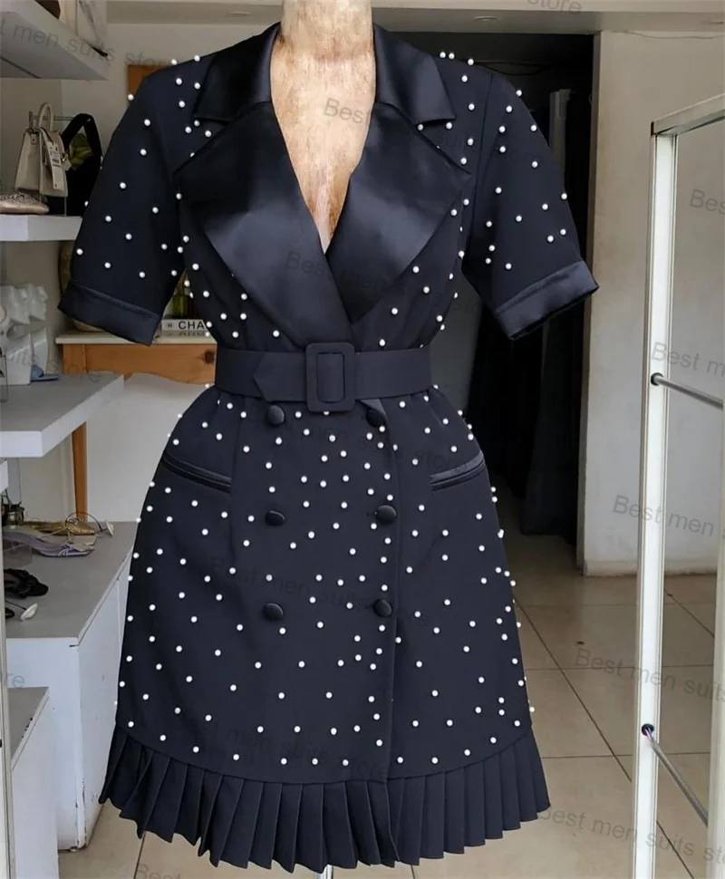 

Pearls Black Women Suit Skirt 1 Piece Long Blazer With Belt Formal Office Lady Jacket Short Sleeves Wedding Prom Dress Coat